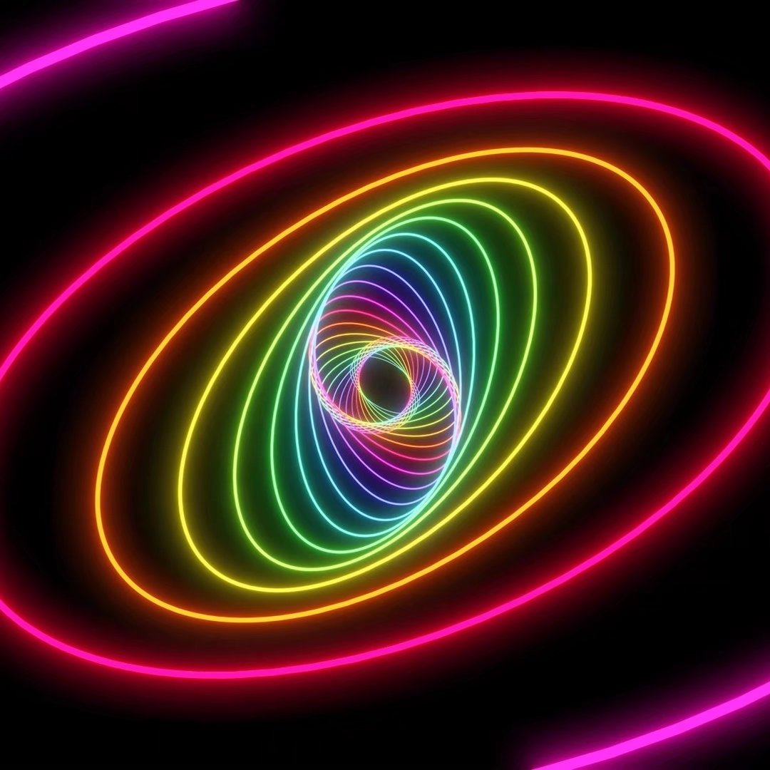 4K视频素材：椭圆螺旋形彩色霓虹灯隧道