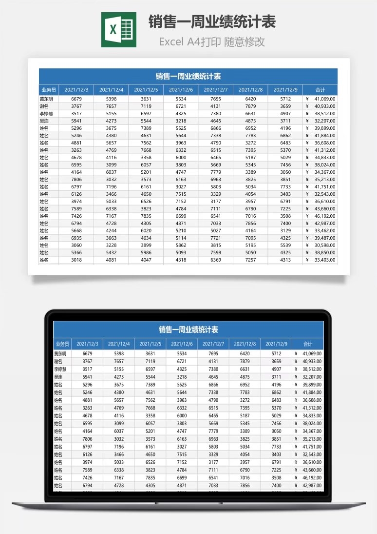 销售一周业绩统计表Excel模板