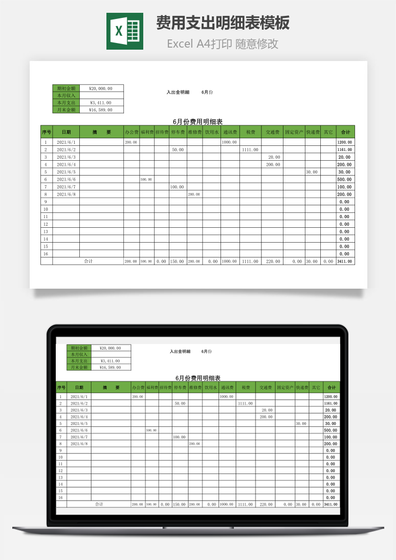 费用支出明细表模板Excel模板