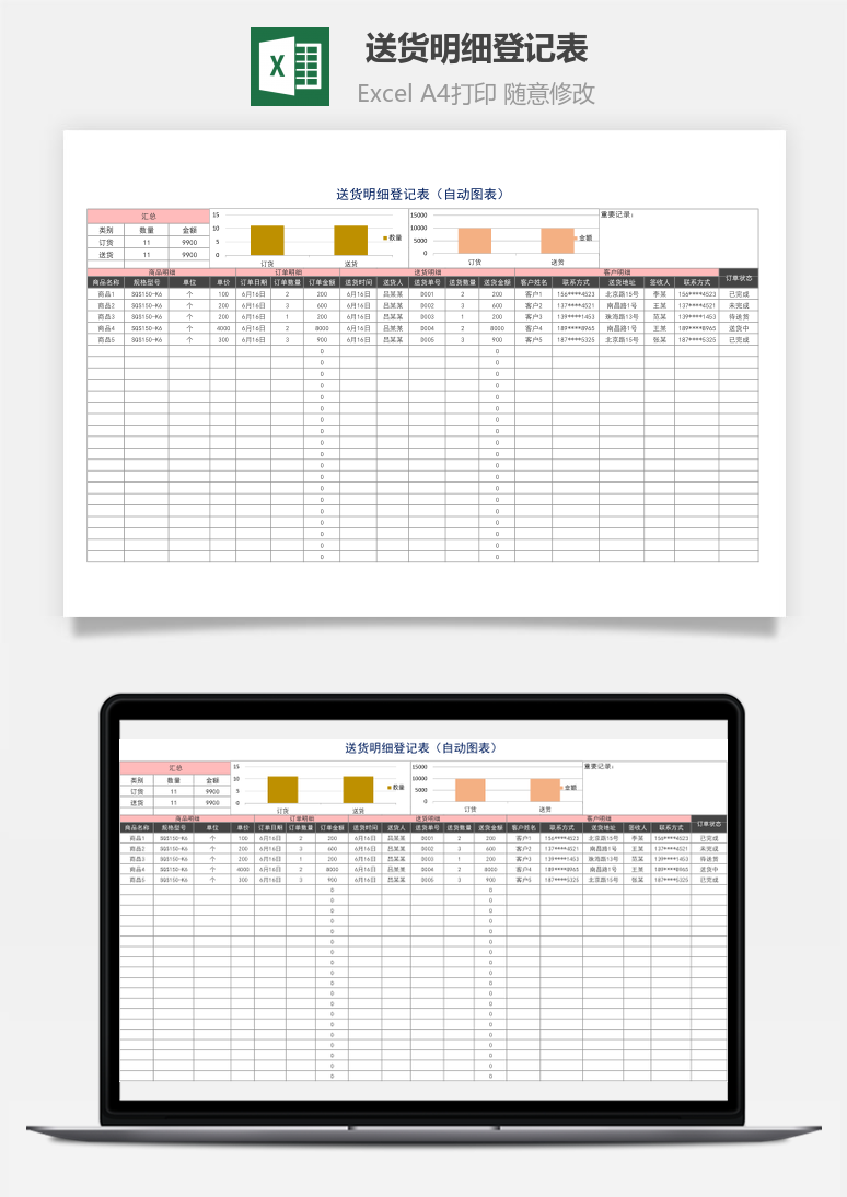 送货明细登记表（自动图表）Excel模板