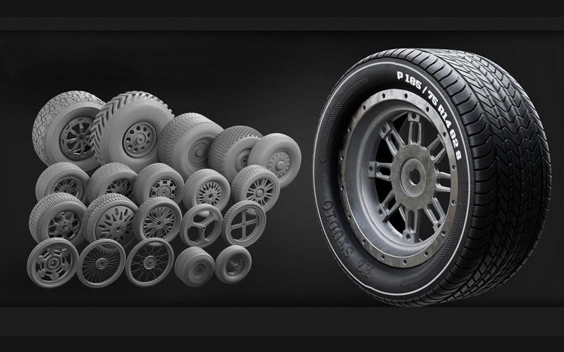Blender汽车轮胎车轮轮辋3D模型摩托车卡车轮胎轿车轮盘基础白模